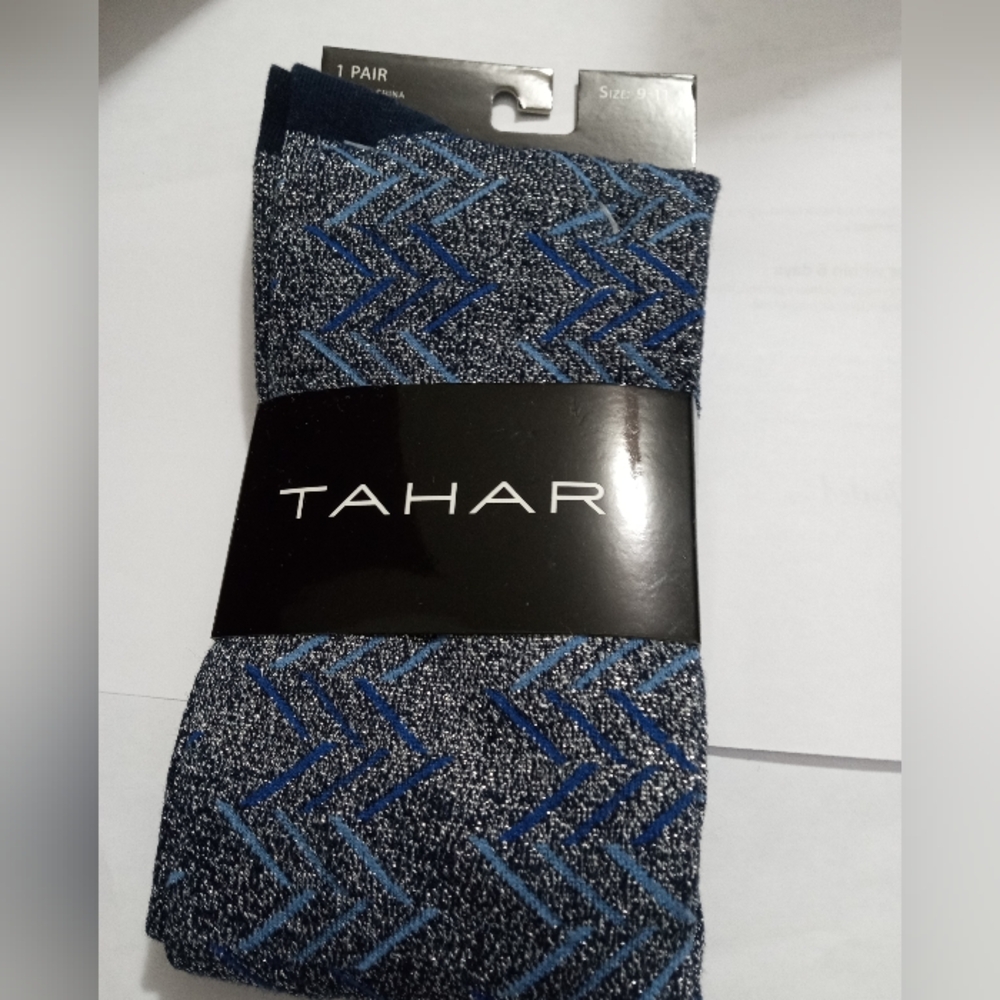 TAHARI Navy & Royal Blue Glittery Chervon Patterned Stockings- 1 Pair-Size: 9-11